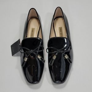 NEW Zara Basic Womens Black Patent Bow Slip-on Loafers Size 40